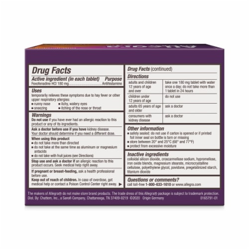 Allegra 24HR Adult Non-Drowsy Antihistamine Tablets, 84-Count, 180 mg Perspective: back