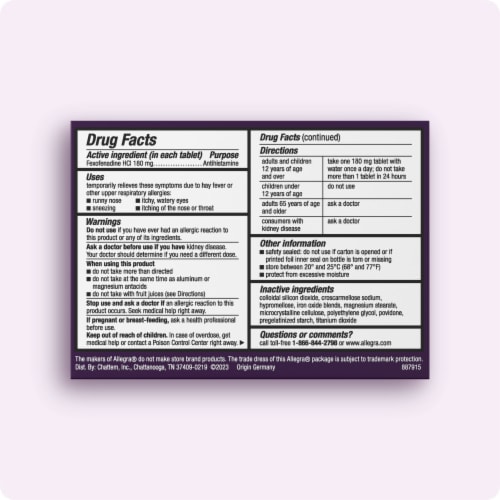 Allegra Adult 24-Hour Non-Drowsy Allergy Relief Antihistamine Tablets with 180 mg Fexofenadine HCI Perspective: back