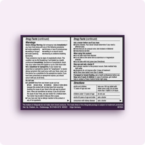 Allegra® Adult Hives 180mg 24 Hour Tablets Perspective: back