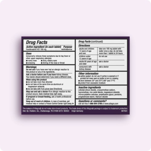 Allegra 24 Hour Non-Drowsy Allergy Relief Antihistamine Tablets 180mg Perspective: back