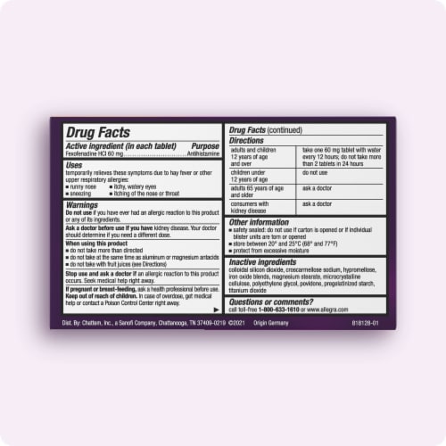 Allegra Adult 12-Hour Non-Drowsy Allergy Relief Antihistamine Tablets with 60 mg Fexofenadine HCI Perspective: back