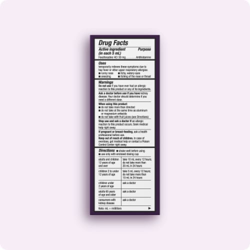 Allegra Children's 12-Hour Non-Drowsy Allergy Relief Antihistamine Liquid Berry Flavor Perspective: back