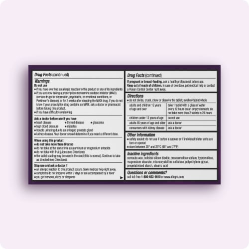 Allegra D 12-Hour Non-Drowsy Allergy Congestion Relief Antihistamine Tablets with Pseudoephedrine Perspective: back