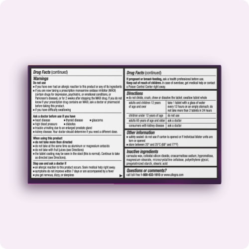 Allegra D 12-Hour Non-Drowsy Allergy Congestion Relief Antihistamine Tablets with Pseudoephedrine Perspective: back