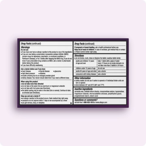 Allegra-D Pseudoephedrine 12-Hour Non-Drowsy Allergy & Congestion Relief Tablets Perspective: back
