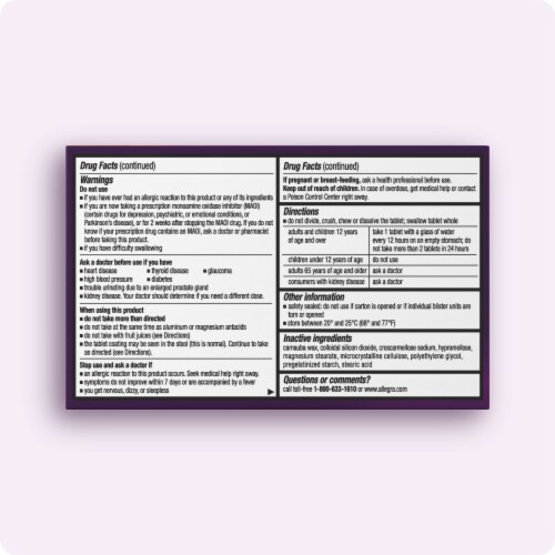 Allegra D 12-Hour Non-Drowsy Allergy Congestion Relief Antihistamine Tablets with Pseudoephedrine Perspective: back