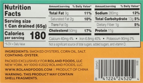 Roland® Smoked Oysters in Corn Oil Perspective: back