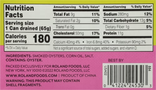 Roland Large Smoked Oysters in Corn Oil Perspective: back