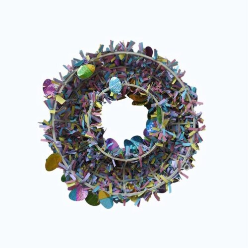 Holiday Home Tinsel Wreath with Multi-Colored Eggs Perspective: back