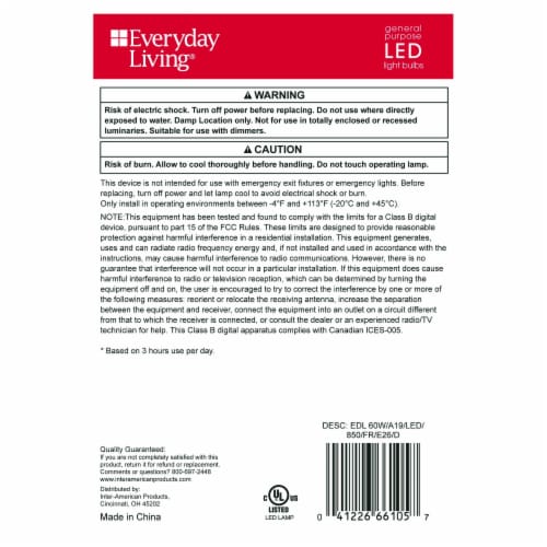 Everyday Living® 10-Watt (60-Watt) A19 LED Dimmable Light Bulb - Daylight (5000K) Perspective: back