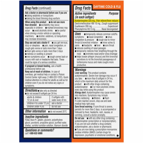 Kroger® DayTime & NightTime Maximum Strength Cold & Flu Relief Medicine Softgels Perspective: back