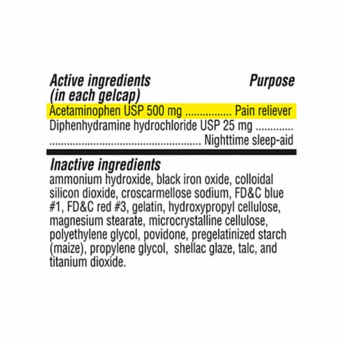 Kroger® Extra Strength Pain Reliever PM Acetaminophen and Diphenhydramine HCl Rapid Release Gelcaps Perspective: back