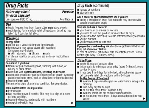Kroger® 24 Hour Delayed-Release Lansoprazole Acid Reducer Capsules Perspective: back