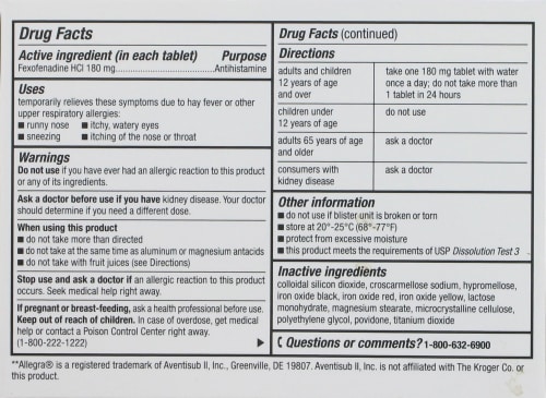 Kroger® Fexofenadine Non Drowsy Allergy Relief Tablets Perspective: back