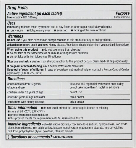 Kroger® Fexofenadine Non-Drowsy Allergy Relief Tablets 180mg 30 Count Perspective: back