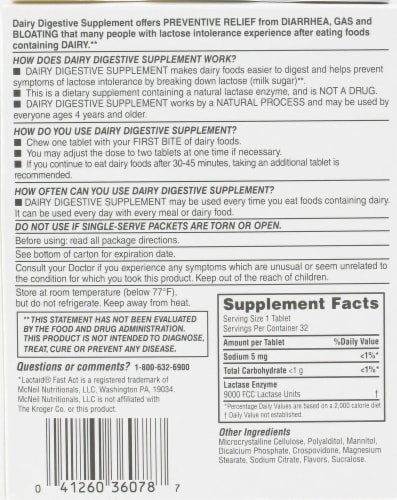 Kroger® Vanilla Flavor Dairy Relief Chewable Tablets Perspective: back