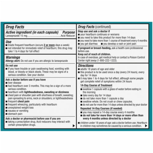 Kroger® Lansoprazole 24 Hour Acid Reducer Delayed Release Capsules 15mg Perspective: back