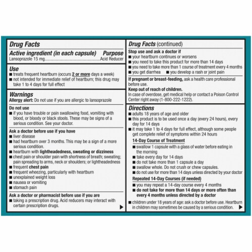 Kroger® Lansoprazole 24 Hour Acid Reducer Delayed Release Capsules 15mg Perspective: back