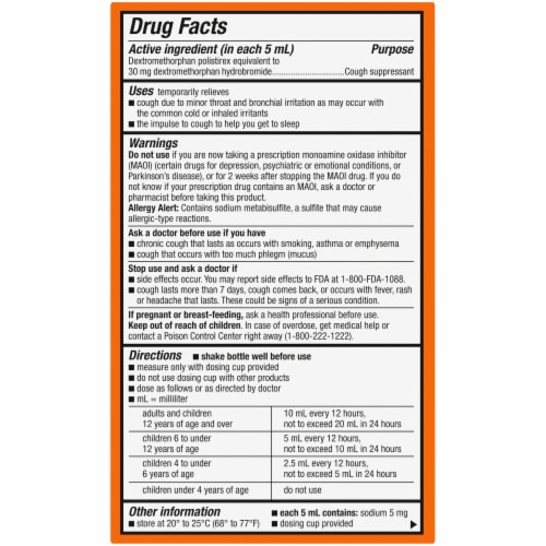 Kroger® Orange Flavor Liquid Cough DM Suppressant Medicine Perspective: back