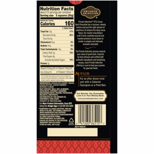 Private Selection® 72% Cacao Dark Chocolate Swiss Bar Perspective: back