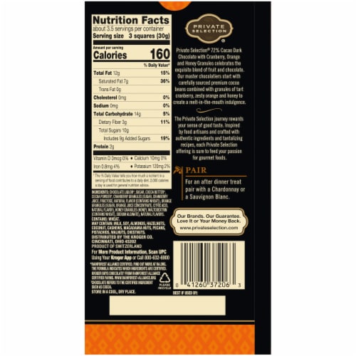 Private Selection® 72% Cacao Dark Chocolate Cranberry Orange & Honey Swiss Bar Perspective: back