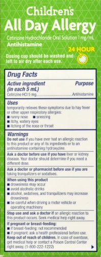 Kroger® Children's Cetirizine HCl 24 Hour Allergy Relief Dye-Free Sugar-Free Grape Flavor Liquid Perspective: back