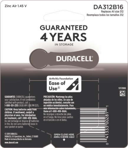 Duracell® Size 312 Hearing Aid Batteries Perspective: back