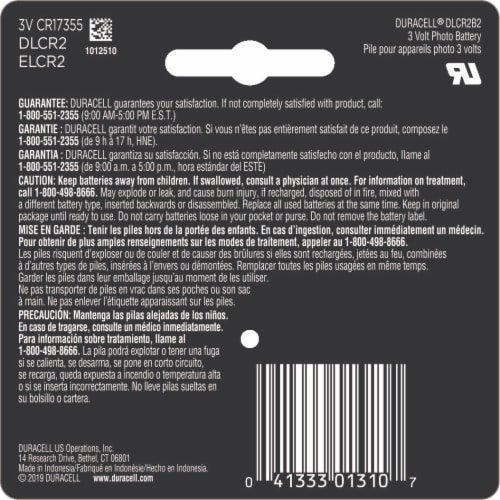 Duracell® Ultra Photo Lithium CR2 Batteries Perspective: back