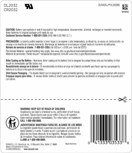 Duracell 2032 Lithium 3V Coin Battery Perspective: back