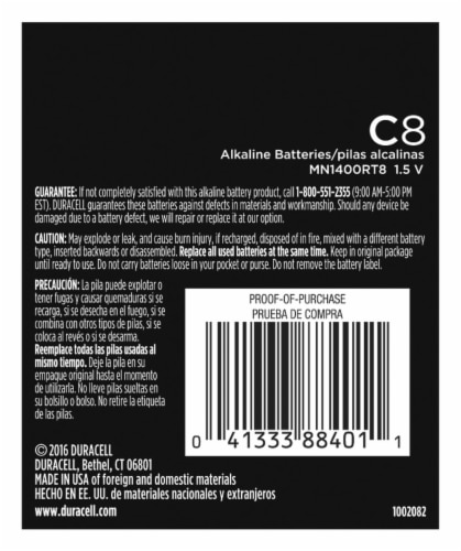 Duracell® Coppertop C8 Alkaline Batteries Perspective: back