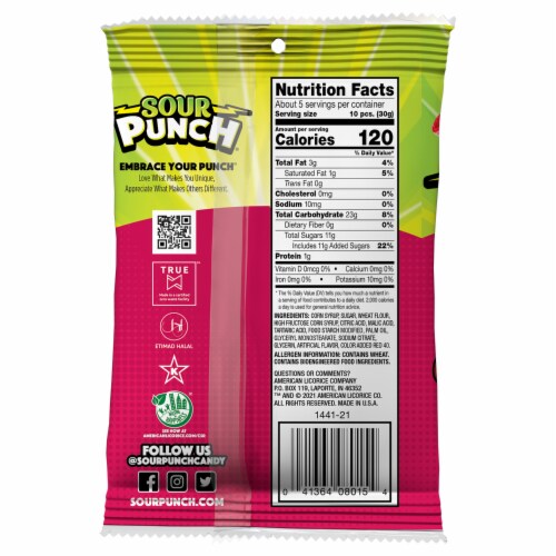 Sour Punch Chewy Strawberry Fruit Flavored Candy Bites Perspective: back