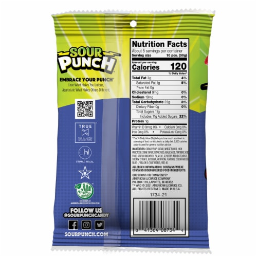 Sour Punch King Size Assorted Flavors Candy Bites Perspective: back