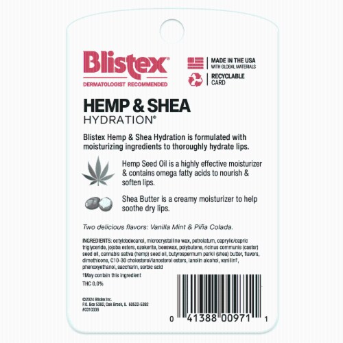 Blistex Hemp & Shea Hydration Vanilla Mint and Pina Colada Lip Moisturizer Sticks Perspective: back