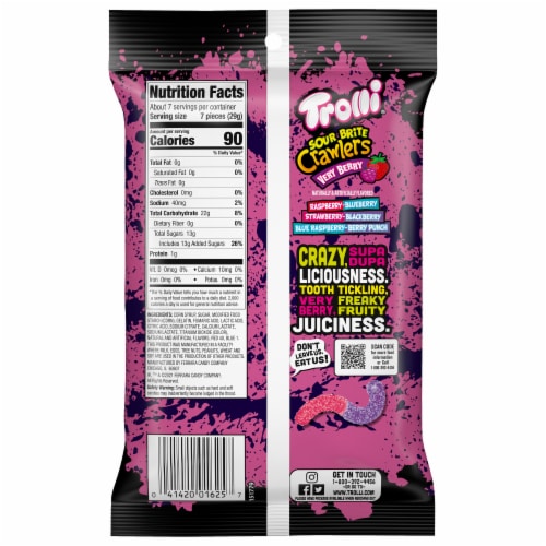 Trolli Sour Brite Crawlers Very Berry Sweet And Sour Gummy Worms Candy Bag Perspective: back