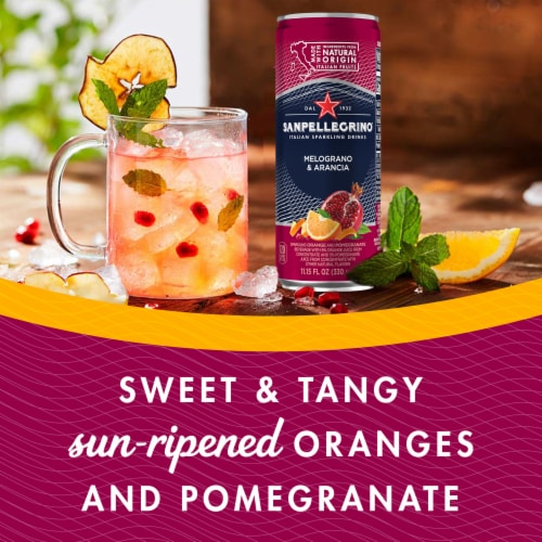 San Pellegrino Melagrano and Arancia Flavored Sparkling Water Cans with Italian Fruit Juice Perspective: back