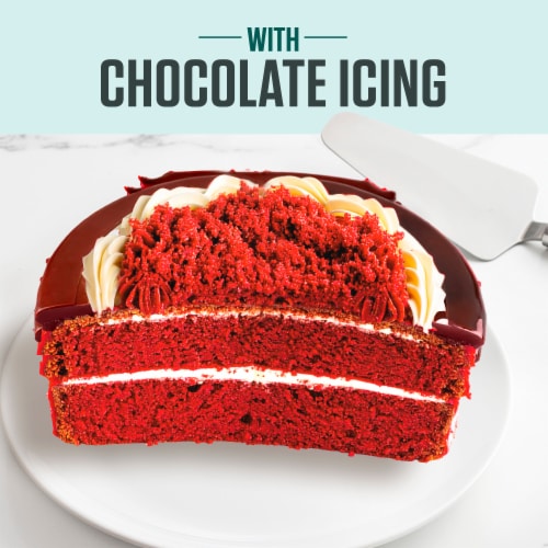 Bakery Fresh Two Layer Red Velvet Cake with Chocolate Icing Half Perspective: back