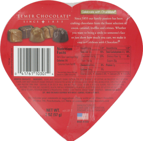 Elmer® Assorted Chocolates in Heart Shaped Box Valentine Candy Perspective: back