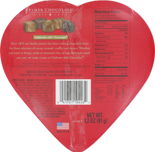 Elmer Chocolate Pets Assorted Chocolates in Heart Shaped Box Valentine Candy Perspective: back