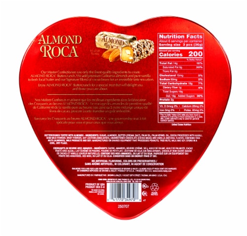 Brown & Haley Almond Roca Buttercrunch Toffee in Heart Shaped Box Valentine Candy Perspective: back