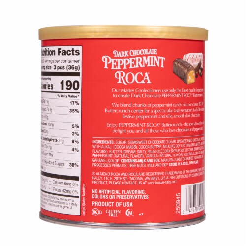 Brown & Haley® Roca® Dark Chocolate Peppermint Buttercrunch Toffee Holiday Candy Canister Perspective: back