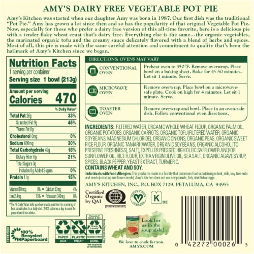 Amy's® Vegetable Pot Pie Frozen Meal Perspective: back
