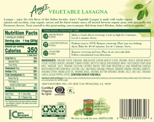 Amy's® Vegetable Lasagna Frozen Meal Perspective: back