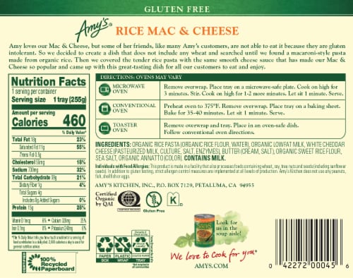 Amy's Gluten Free Rice Mac & Cheese Frozen Meal Perspective: back