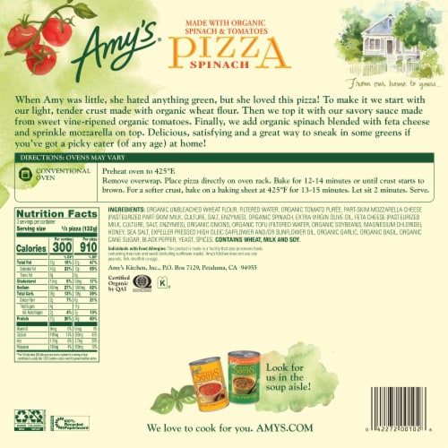 Amy's Spinach Organic Original Crust Frozen Pizza Perspective: back