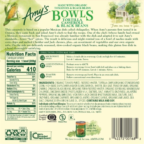 Amy's® Tortilla Casserole & Black Beans Bowl Frozen Meal Perspective: back