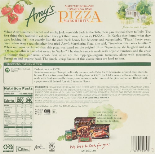 Amy's® Margherita Organic Wheat Thin Crust Frozen Pizza Perspective: back