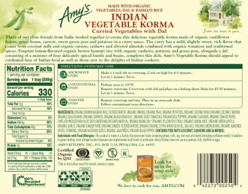 Amy's® Indian Vegetable Korma Frozen Meal Perspective: back