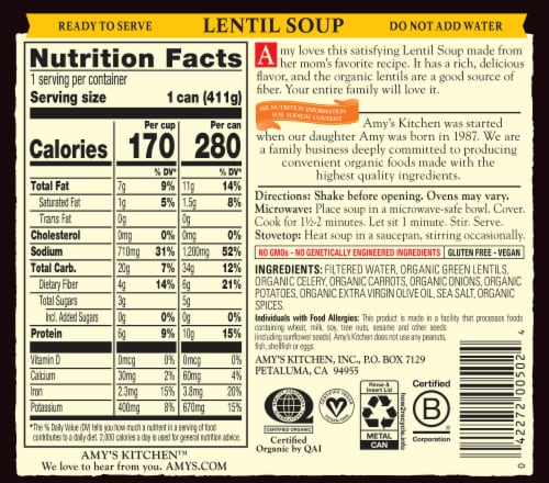 Amy's® Organic Lentil Soup Perspective: back