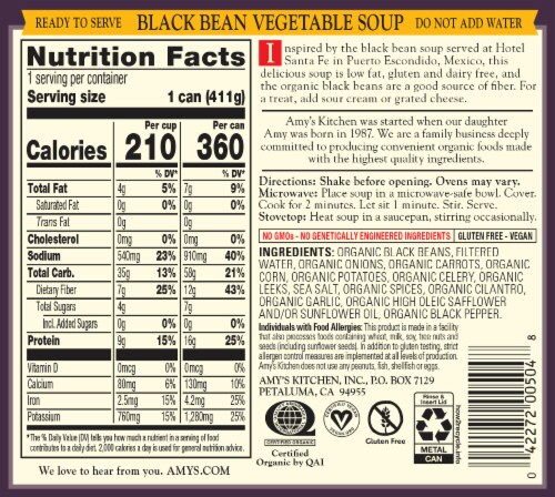 Amy's® Organic Black Bean Vegetable Soup Perspective: back