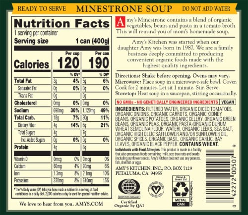 Amy's® Organic Low Fat Minestrone Soup Perspective: back